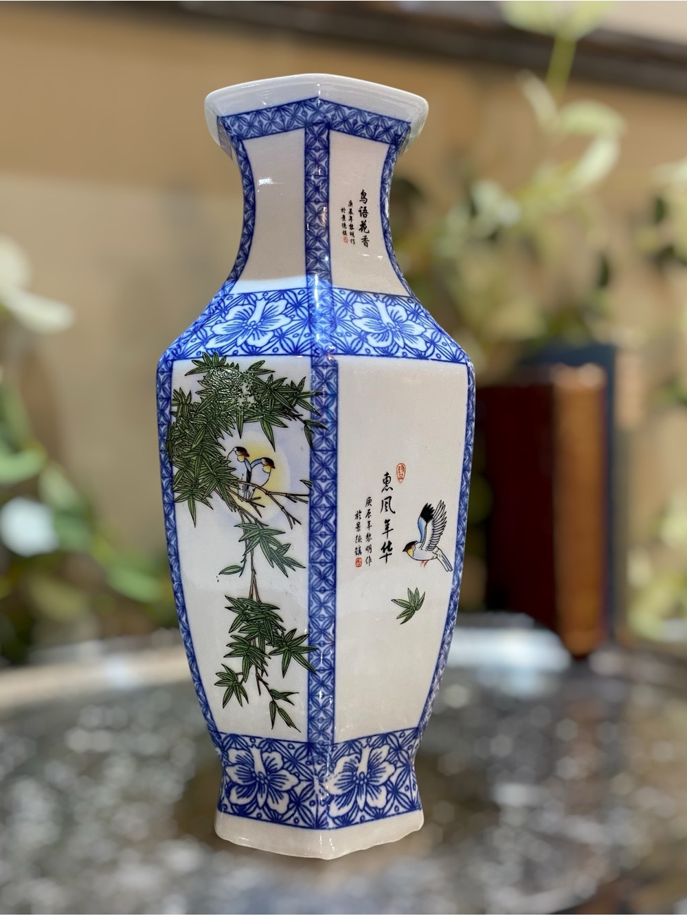 Vintage Chinese Vase Signed Calligraphy Birds Hexagonal Blue White Porcelain - Picture 3 of 10